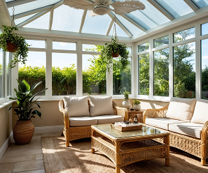 Bright conservatory filled with sunlight plants cozy seating relaxation